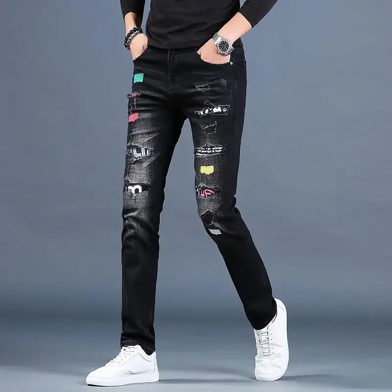 

Man Cowboy Pants Patch Trousers Black Slim Fit Men's Jeans Goth Skinny Tight Pipe New in Designer Washed Classic Luxury Regular