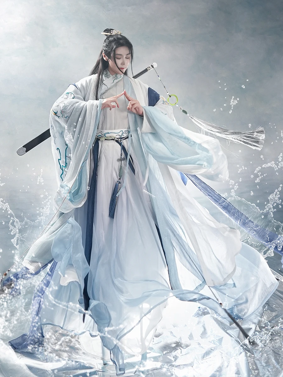

Hanfu Men Chinese Traditional Embroidery Hanfu Male Cosplay Costume Fancy Dress Blue&White Hanfu Set For Men 3XL Large Size