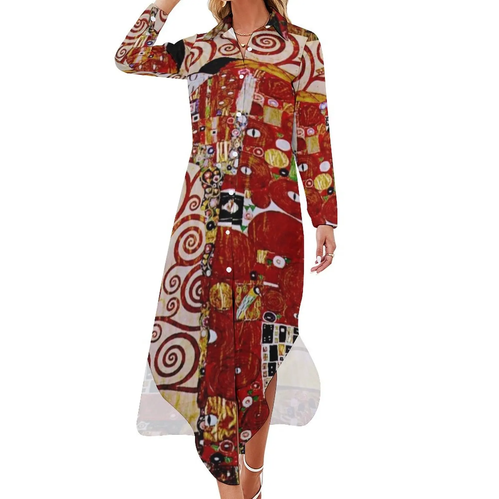 

Fulfillment The Tree of Life by Gustav Klimt Detail - Red Long Sleeved Shirt Dress loose women's dress summer dresses