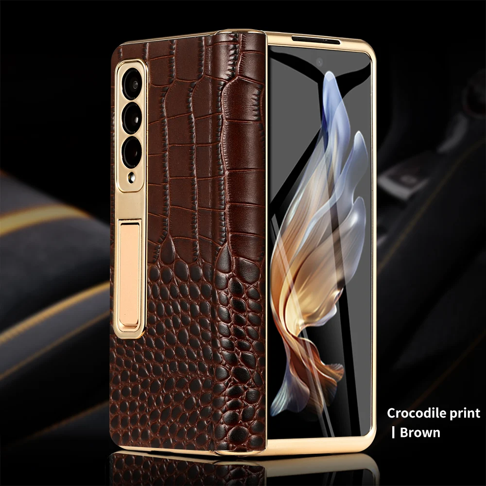 LANGSIDI Leder-Handyhülle für Samsung Galaxy Z Fold 7, 6, 5, 4, 3, Fold6, Fold7, vergoldet, magnetisches Scharnier, Ständer, Rückseite mit Spiegelfolie 3