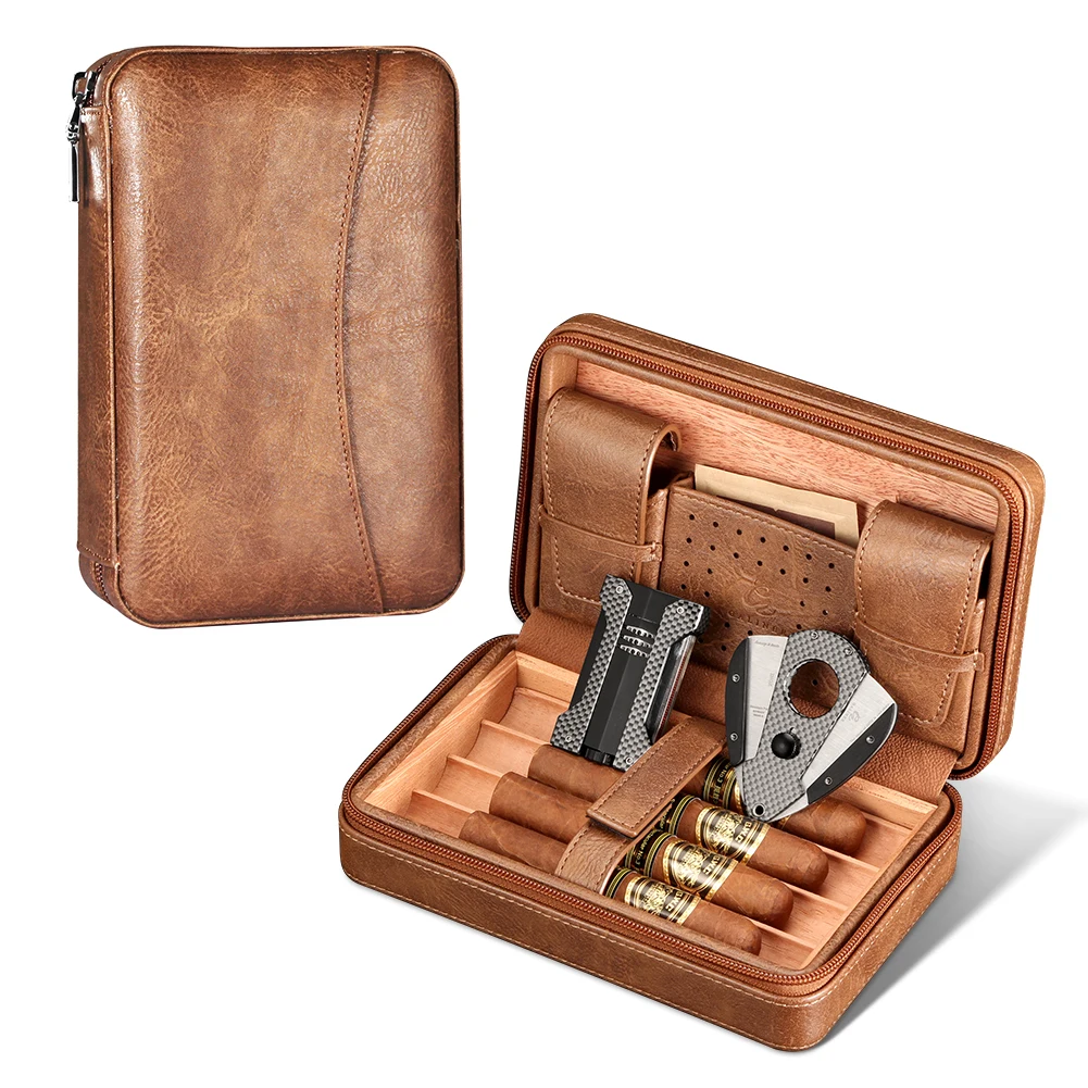 

GALINER Humidor Cigar Case W/ Humidity Metal Cigar Lighter Cutter Set Cedar Wood 4 Tube Cigar Humidor Box