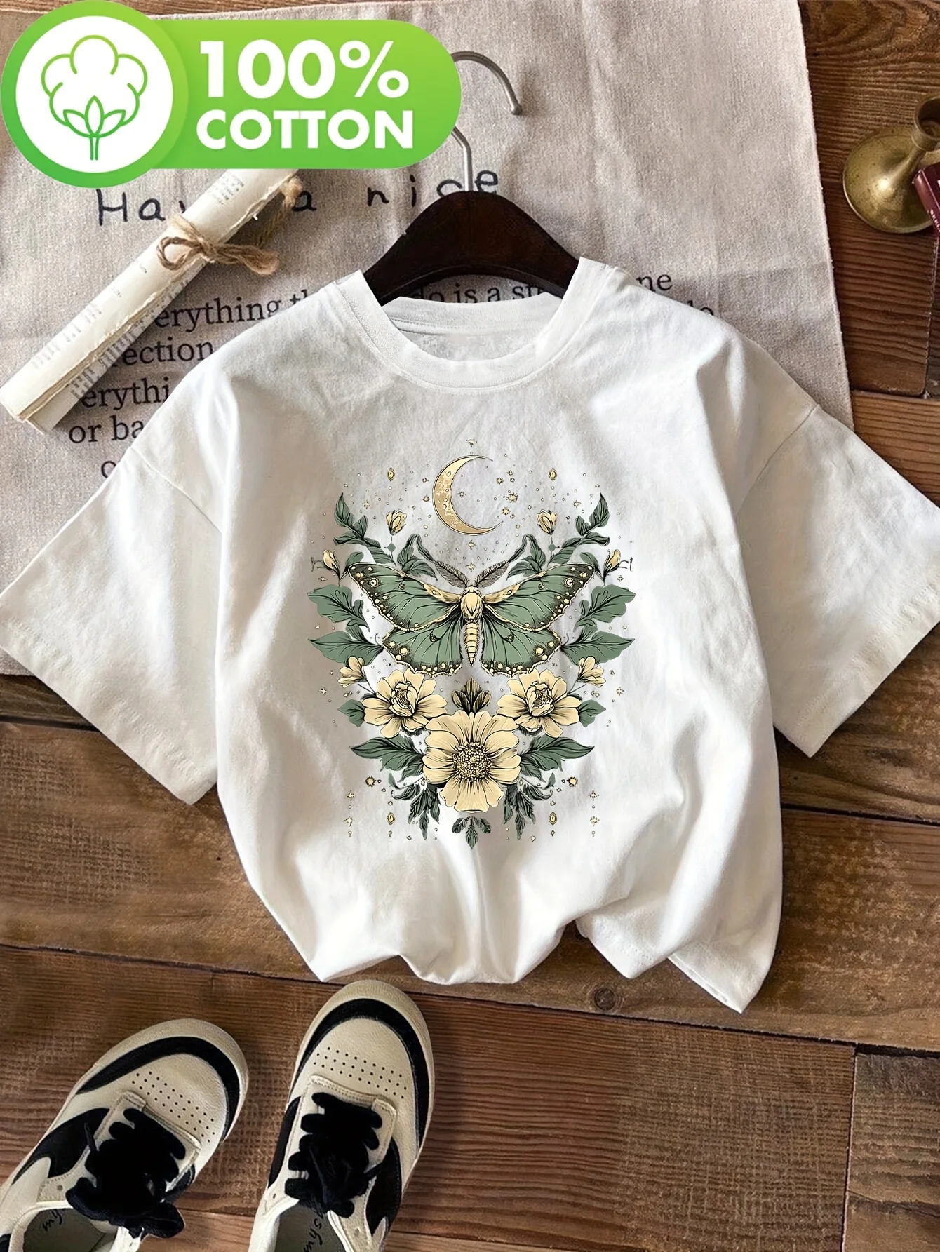 Women's Casual Short Sleeve Crew Neck 100% cotton T-Shirt Butterfly Floral Print with Moon Stars Spring & Summer Top Clothing