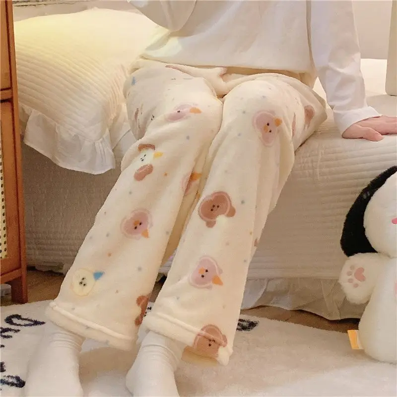 

Cartoon Cute Bear Animal Pjs Sleeping Pants Y2k Coral Velvet Winter Warm Sleepwear 2000s Y2k Home Wear Fluffy Pyjama Pants Girls