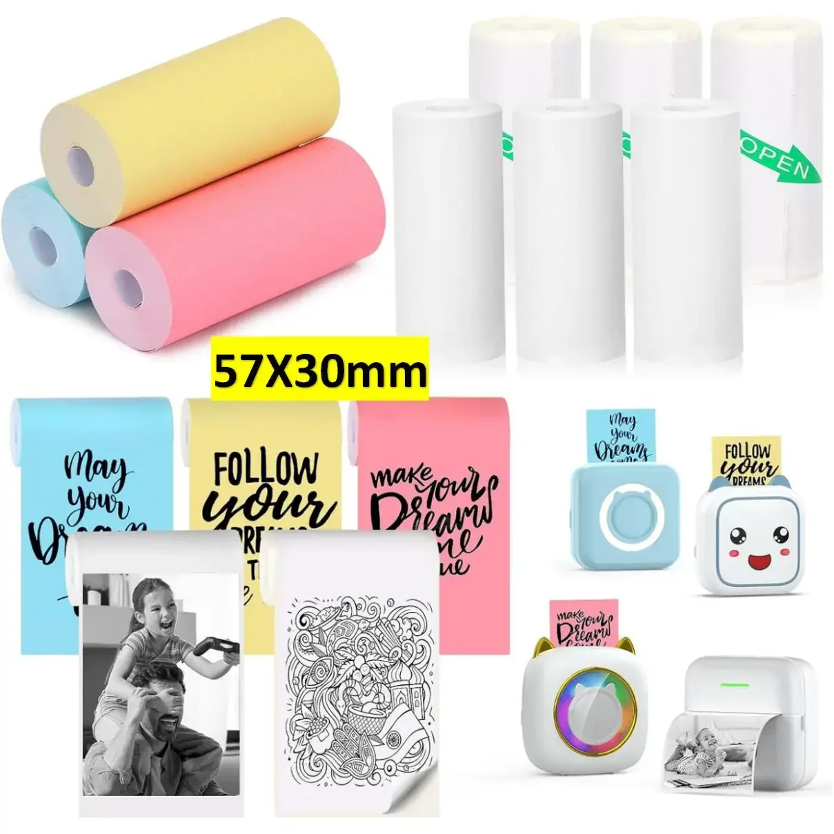 9 Rolls 57mm Mini Thermal Printer Paper Thermal Printer Sticker Paper for Sticker Photo Printer and Other Mini Pocket Printers