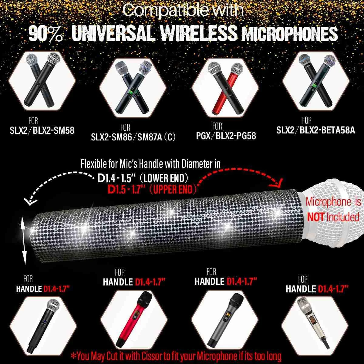 Mic Handle Cover,Sparkly Bling Rhinestones Mic Handle Sleeve for Party&TV Show,for Most Wireless Microphones, Black