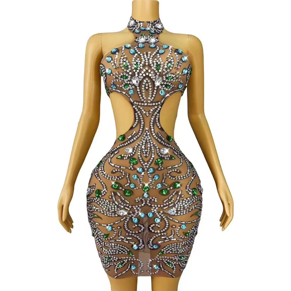 

Women Special Party Shining Rhinestones Backless Hollow Waist Short Dress Sexy Evening Gown Stretchy Mesh Club Vestido Dress