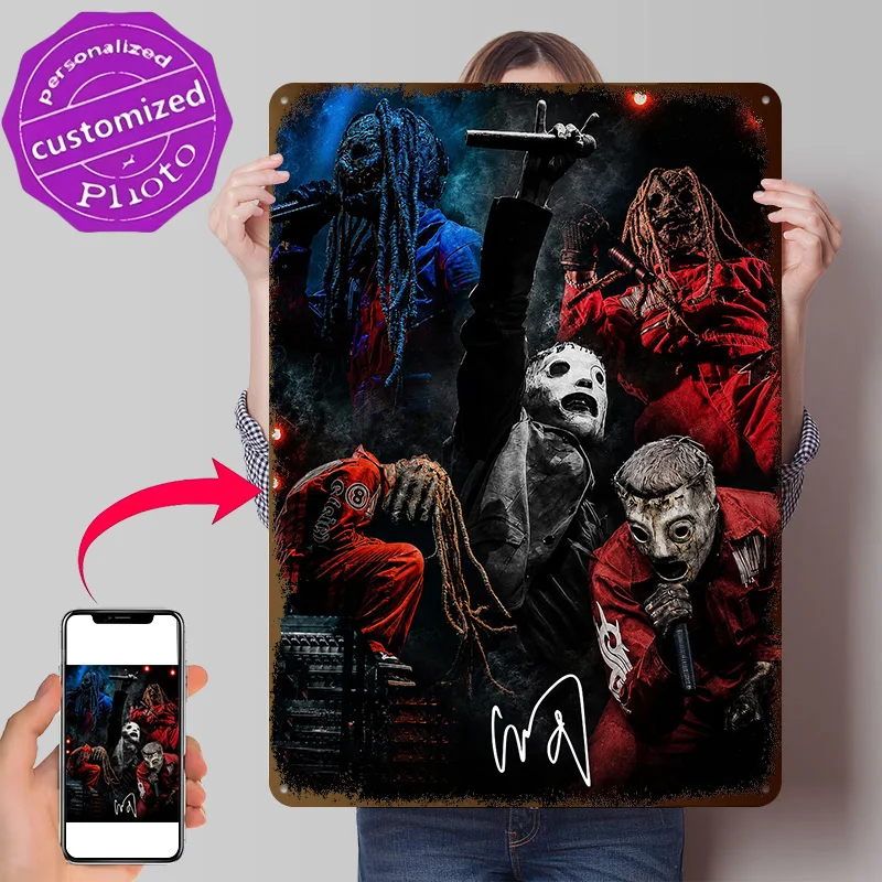 Pôster Metálico Texturizado 3D Personalizado com Membros da Banda Slipknot em Máscaras, Arte de Parede Vintage em Chapa para Decoração de Casa, Quarto e Cafeteria