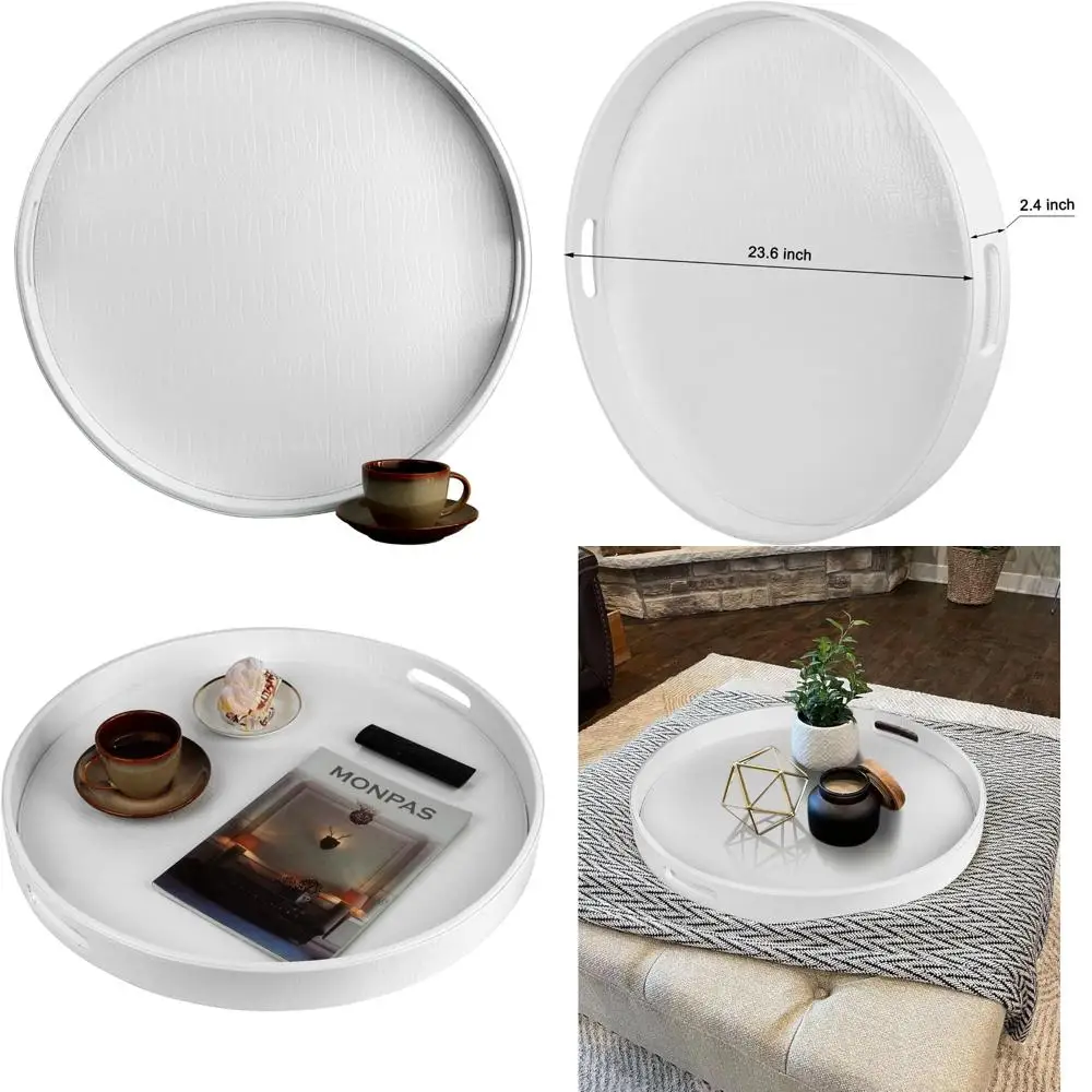 

Large Circular Ottoman Tray with Faux Leather, Elegant Serving for Tea, Coffee, and Breakfast