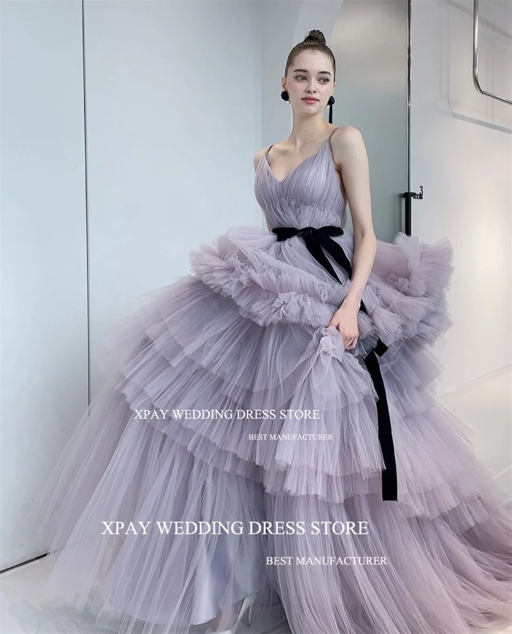 XPAY Princess Purple V Neck Korea Wedding Dresses A Line Ruffles Tiered Bridal Gown Photo Shoot Backless Black Belt Bride Dress