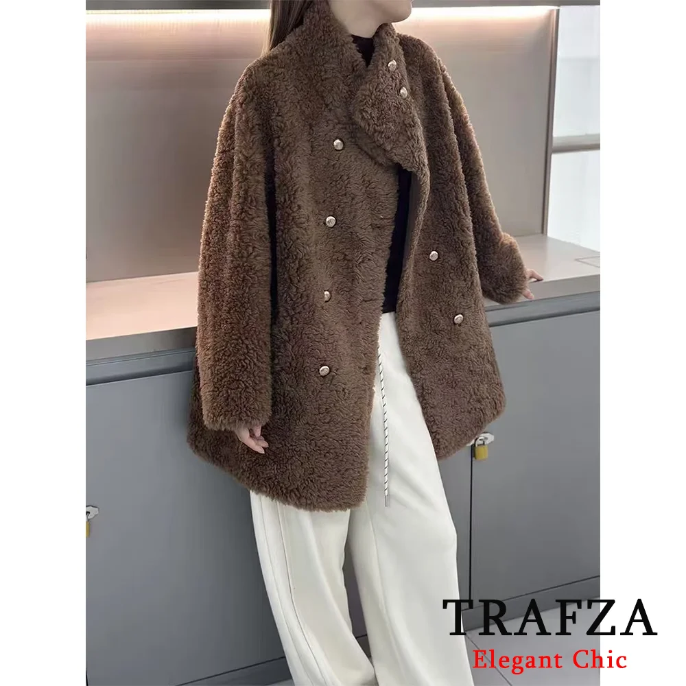 TRAFZA Women Fashion Curly Faux Fur Turtleneck Coat Double Breasted Mid-Length Coat New 2024 Fall Winter Warm High Street Coat