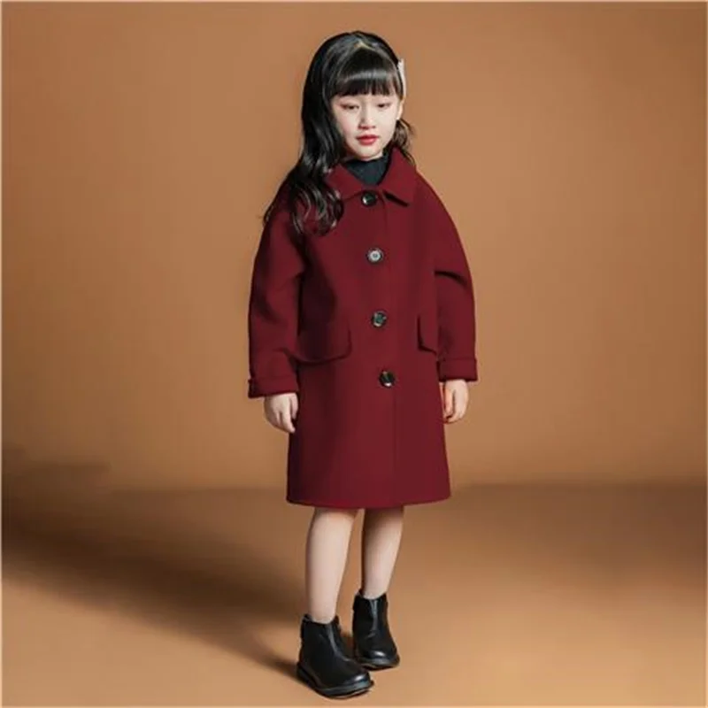 Girls Woolen Coat Jacket Cotton Outwear Windbreak 2023 Red Wine Warm Plus Thicken Velvet Winter Autumn Party Children\'s Clothing