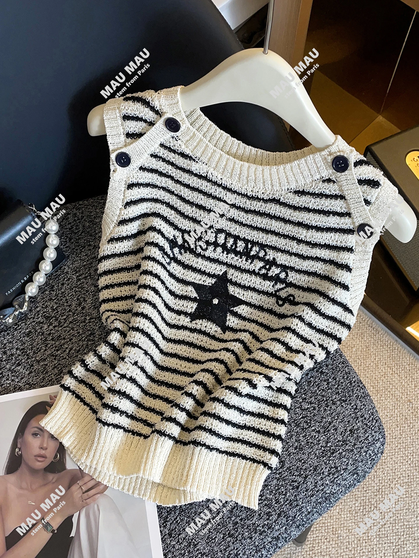 

High-End Women's Knitted Vest Top with Embroidered Stripes And Five-Pointed Stars Casual Sle Commute Faion Regular Fit