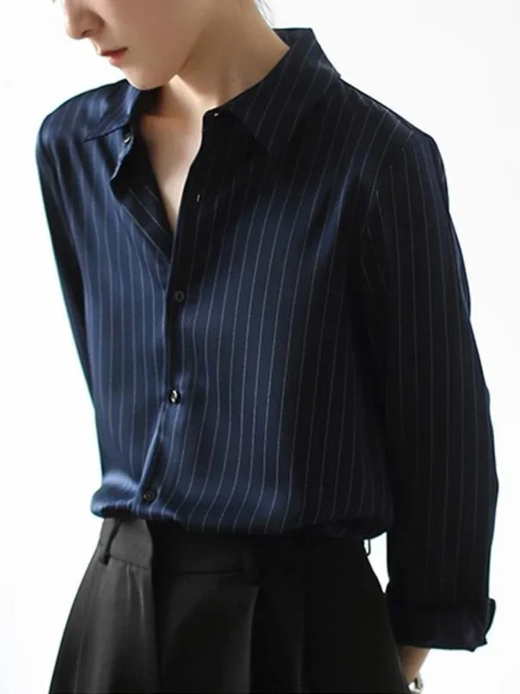 Blusa feminina listrada francesa 2025 primavera nova moda solta camisas pretas para mulheres vertical elegante tops de manga comprida para mulheres