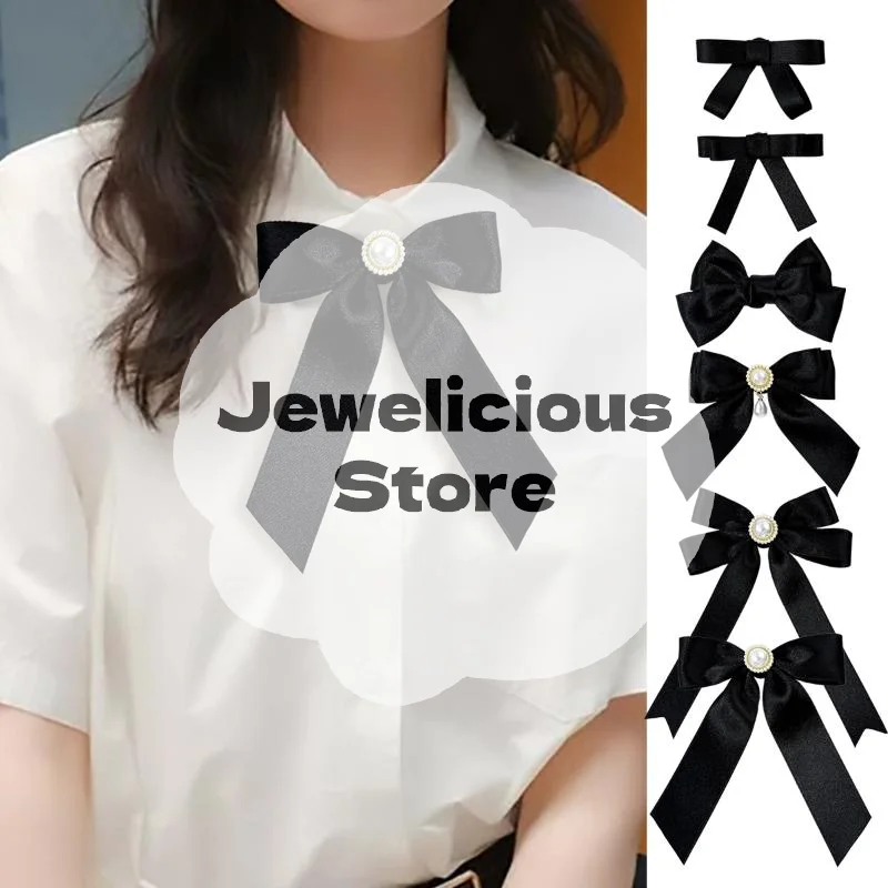 Black Ribbon Bow Pearl Brooch For Women Versatile Shirt Collar Pins Clothing Decoration Ribbon Tie Jewelry Accessories Gifts