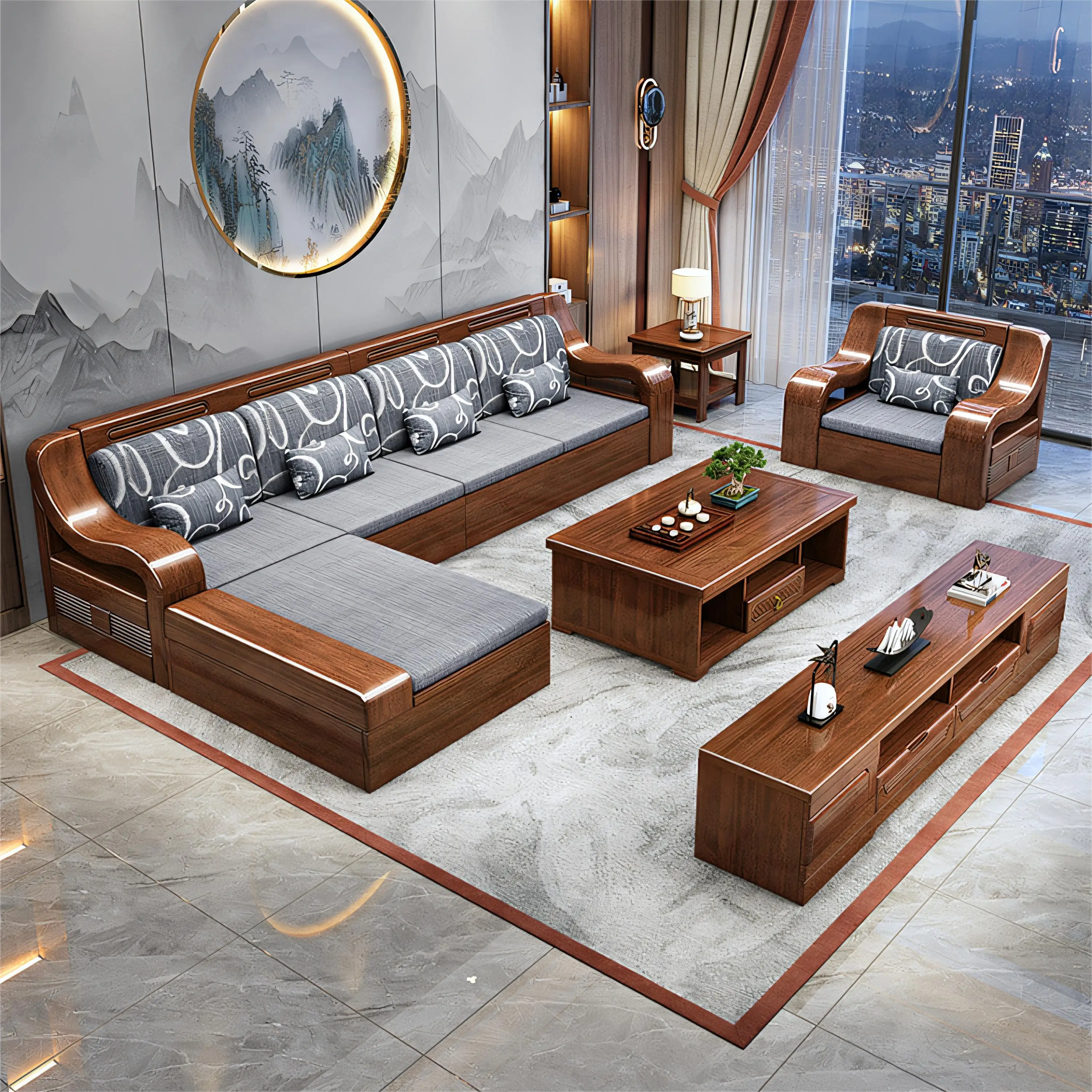 Golden walnut solid wood sofa size apartment new Chinese living room 2025 new winter and summer dual-purpose storage furniture