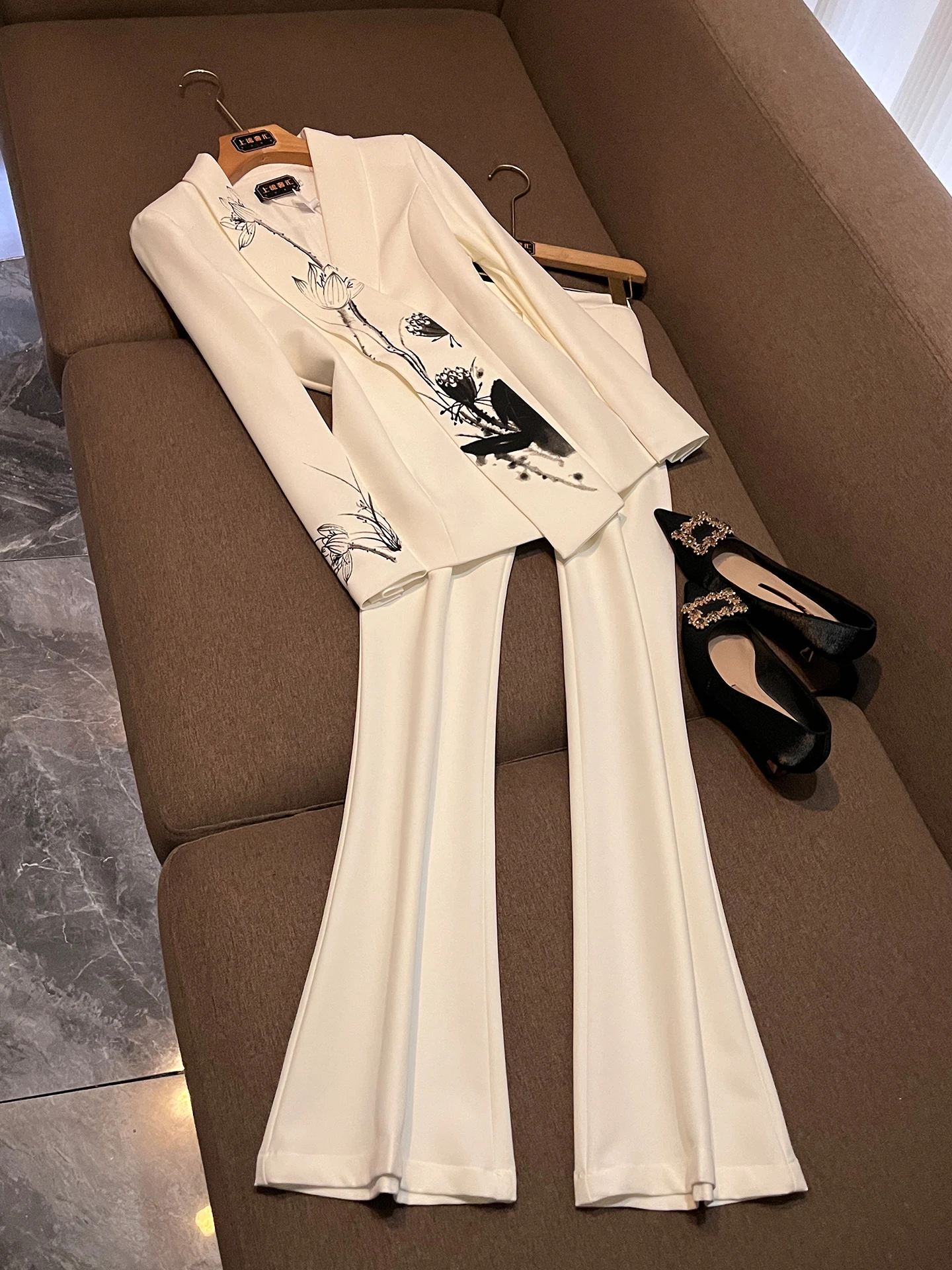 

Ele Chinese Print Women's Suiting Spring Office Wear Slim Fit Two-Piece Set High-End Feelings Ladylike Sle C626