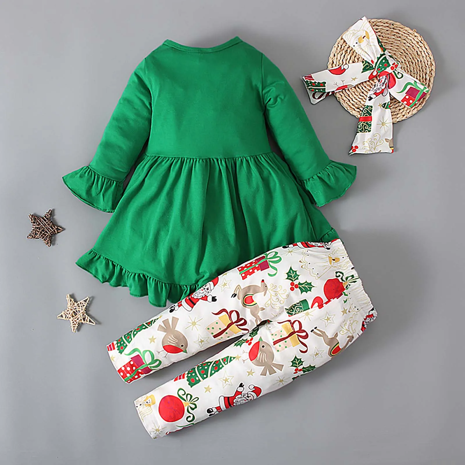 

Girls Long Sleeved Long Pants Set Comfortable Soft Warm Stylish Christmas Printed Outfit Headband Three Piece Set ropa de niña