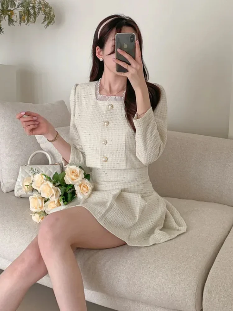 Fashion Korea Elegant Tweed Small Fragrance Short Jacket Cropped Coats + High Waist Mini Skirts Suits Slim Women Two Piece Sets