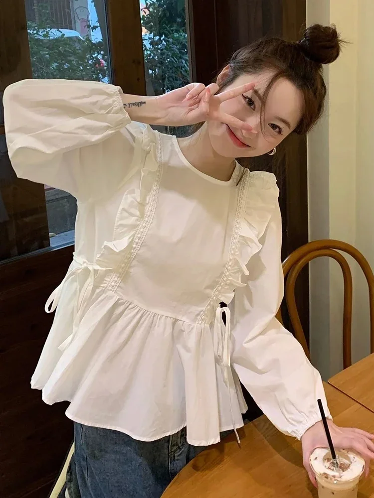 Ruches Zoet Wit Shirt Vrouwen Losse Koreaanse Mode Lange Mouw Blouse Casual Leuke O Hals Ontwerp Vrouwelijke Preppy Stijl Tops