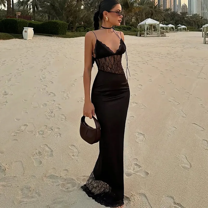 Black Lace Prom Dress Sexy Stripe Sleeveless Long Sheath Party Gown Formal Wedding Birthday Casual Holiday Beach Evening Robe