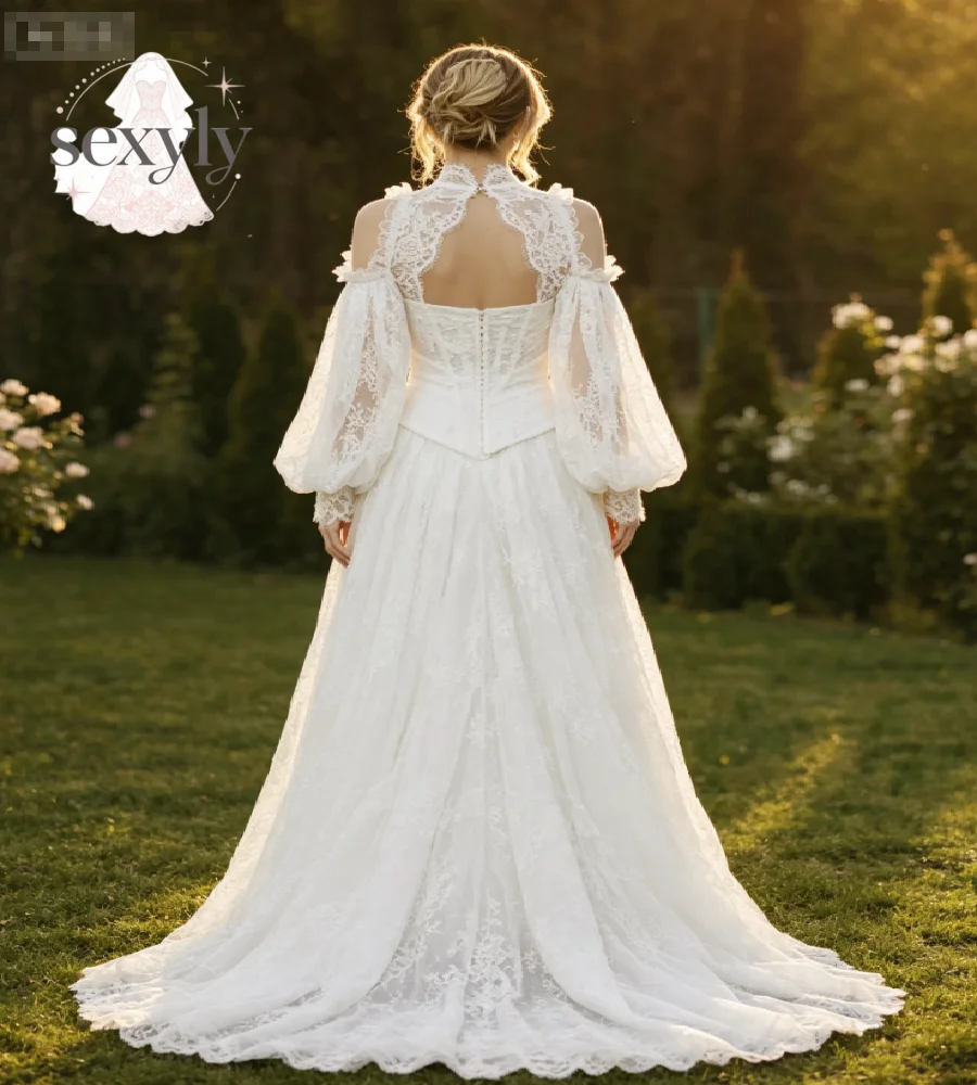 Gatsby Hippie Bohemian Wedding Dress 2027 Cold Shoulder Puff Bishop Sleeve Corset Open Back A Line Bridal Gown Celtic Customized