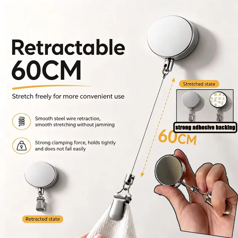 1/5/10pcs Retractable Towel Rack Automatic Rebound No Drilling Self-Adhesive Wall-Mounted Hand Towel Holder With Strong Clips