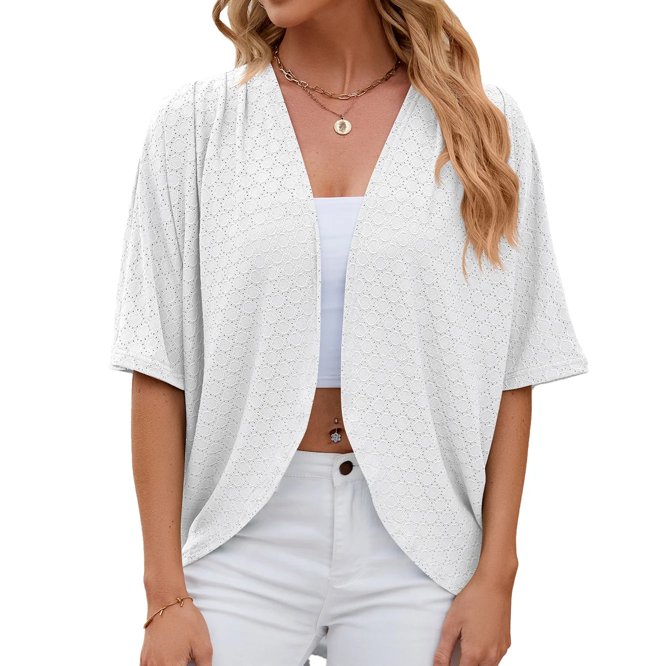 2024 Elegant Women\'s Mid Sleeve Casual Loose Hollow Out Cardigan Fashion Ladies Outwear Womens Sunscreen Shirts Boho Tops