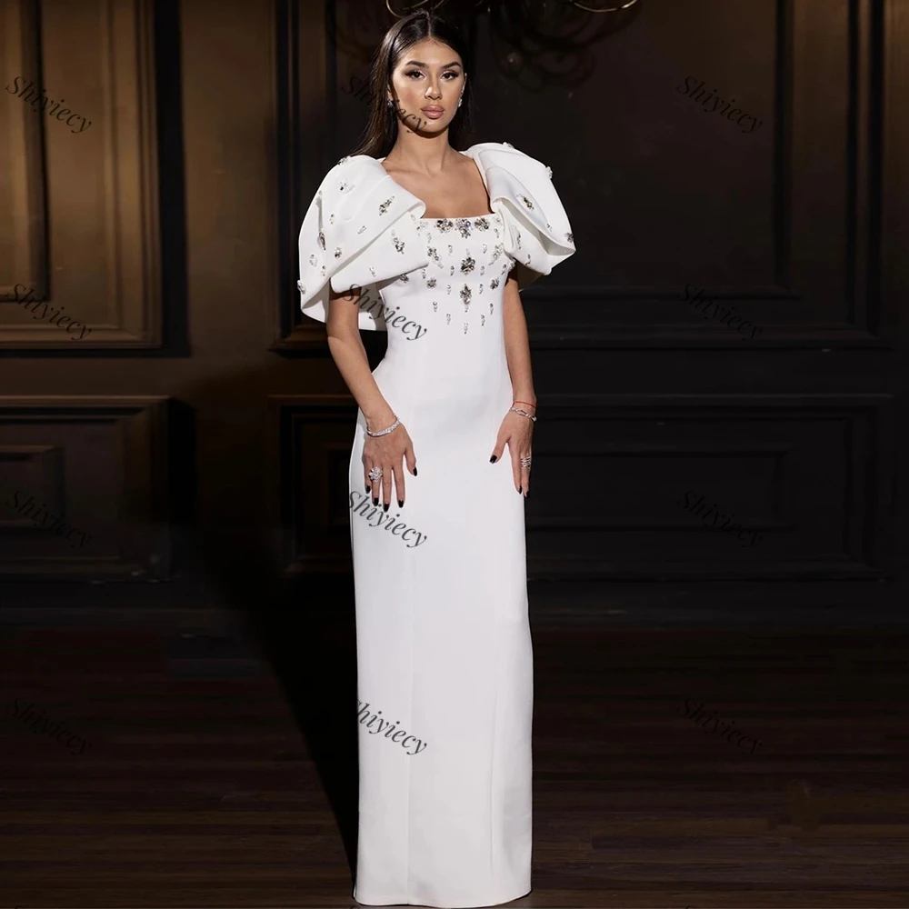 Fashion Jersey Crystal Evening Dress Saudi Arabia Women Square Neck Staight Modern Prom Dress Floor Length Wedding Party Gowns