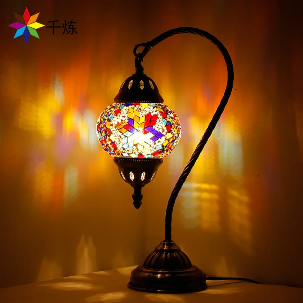 Stained Glass Bed Night Light, Handmade,Desktop Decorative Lamp, Turkey, Morocco, Mediterranean Style, Swan Neck Band, 38cm