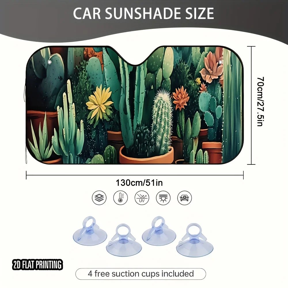 1pc 2D Flat Green Immortal Botanical Garden Car Sunshade - Vibrant Cactus & Succulent Design, Fit For Cars, SUVs, Trucks, 4 Suct