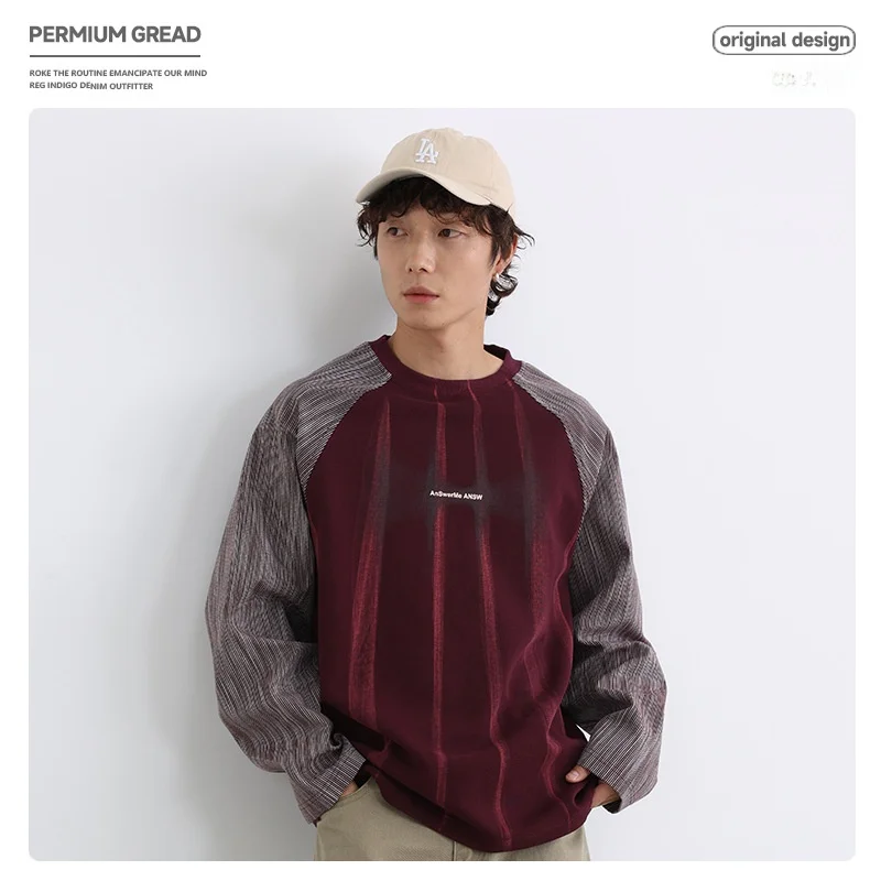 

Retro Japanese Waed Tie Dye Patchwork round Ne Sweatirt ex Loose Lazy Sle Base irt Top Cotton Casual Wear