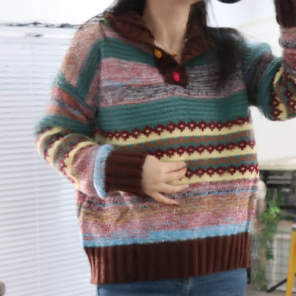 

Корейский стильный вязаный свитер с длинными рукавами для женщин, мягкий, милый, девичий пуловер, ретро, свободный, зимний, осенний, вязаный топ, подарок