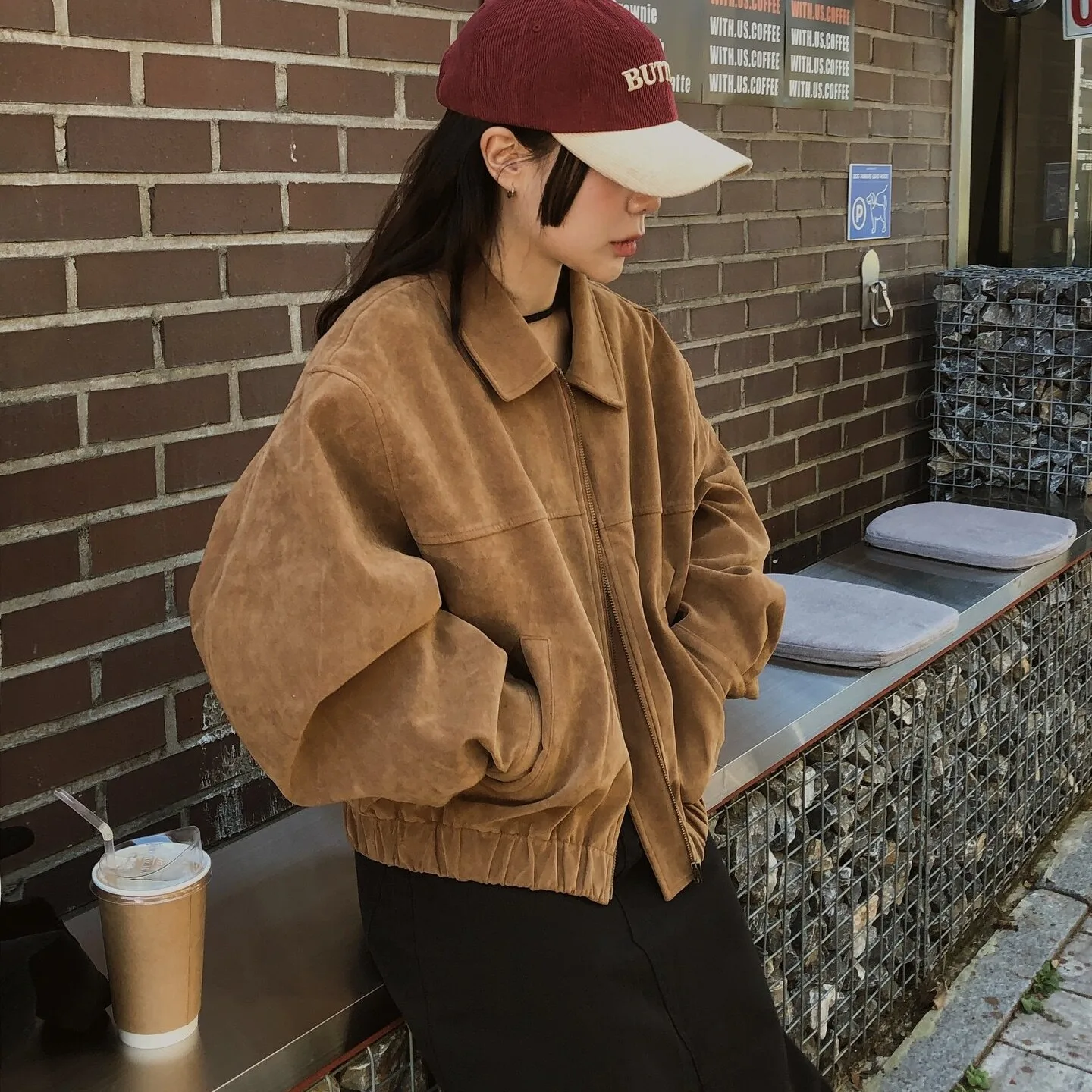 레트로 스프링 신상 루즈핏 캐주얼 롱 슬리브 스웨이드 야구 자켓 코트 (여성용) 프리미엄 퀄리티 가죽 코트