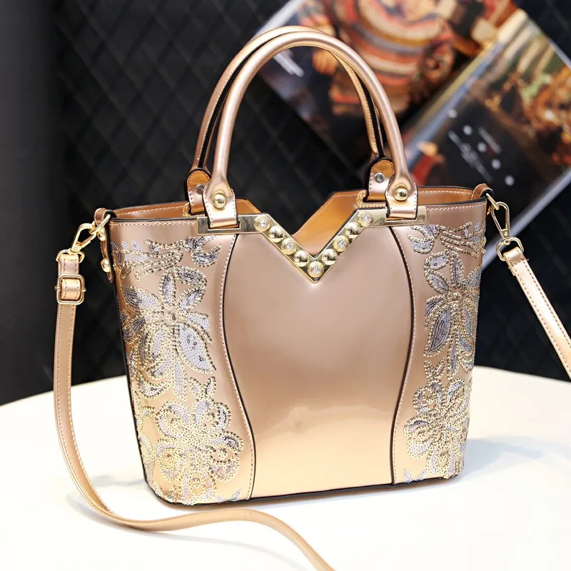 Patent Leather Shiny Surface Hot Stamping Diamond Women's Bag Luxury Large Capacity Embroidered Handbag Women's Crossbody Bag
