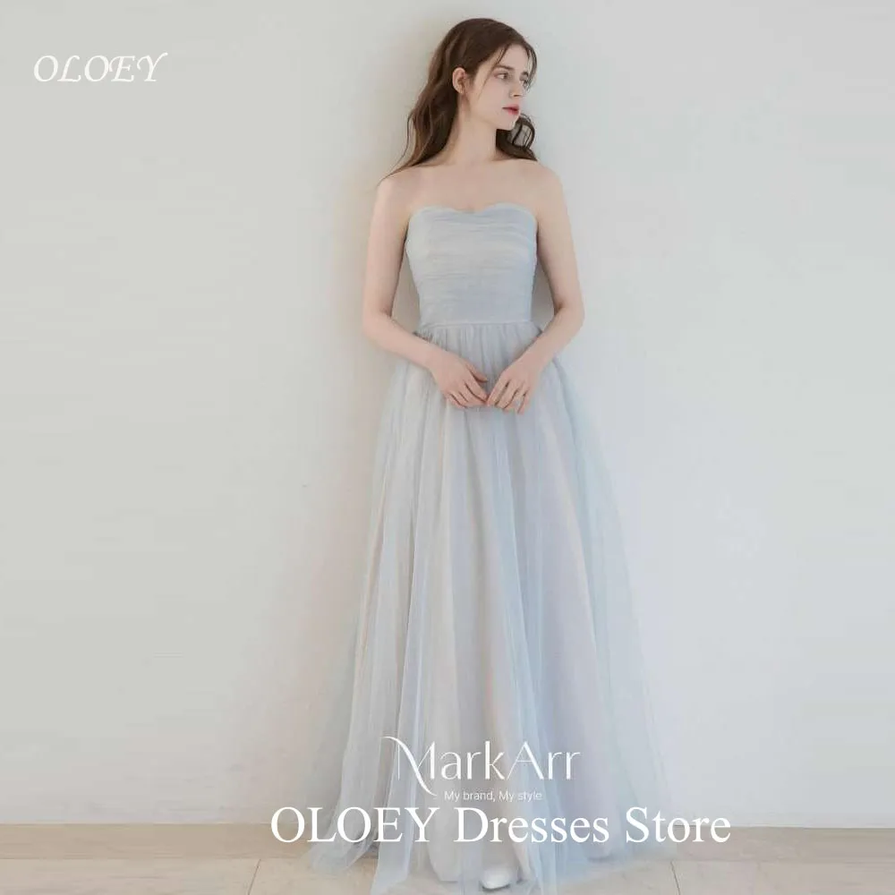 

OLOEY Fairy Light Blue Tulle Prom Evening Dresses Korea Photo shoot Strapless Long Wedding Party Formal Gowns Customized