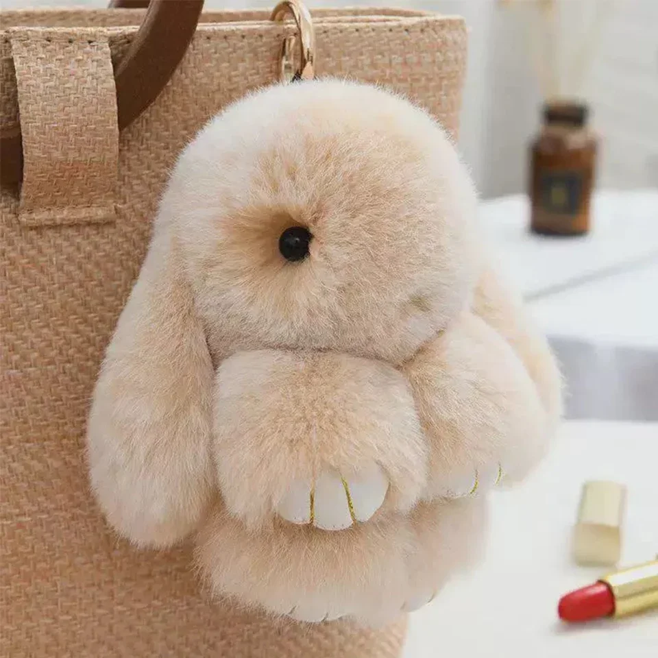 Fluffy Rabbit Keychain 15cm, Soft Faux Fur Pompon Bunny Bag Charm, Cute Girl Gift Accessories for Purse Backpack