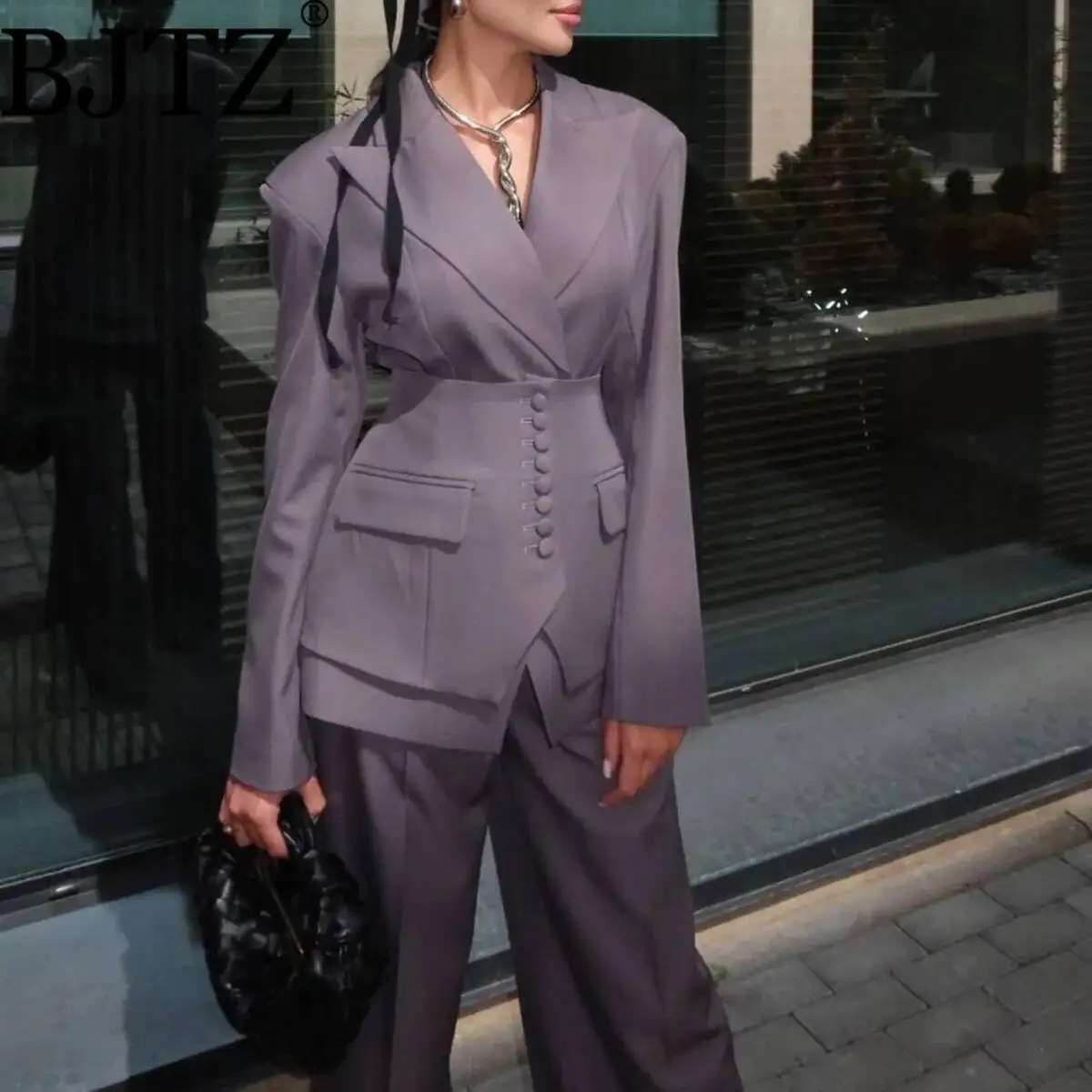 

BJTZ Fashion Office Lady Blazer Set For Woman 2025 Spring Autumn New Trendy Designer Blazers Jacket+wide Leg Suit Pant Sets