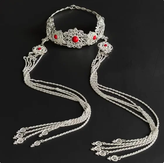 

Chinese Mongolian Elemental Alloy Silver Plated Inlaid Handmade Tassel Hair Accessory