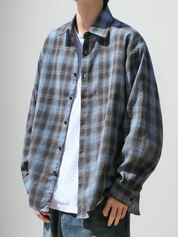 

Japanese Sle Plaid Long Sve irt Men's Spring Autumn Loose Brued Casual Thin Outerwear Trendy Classic Retro