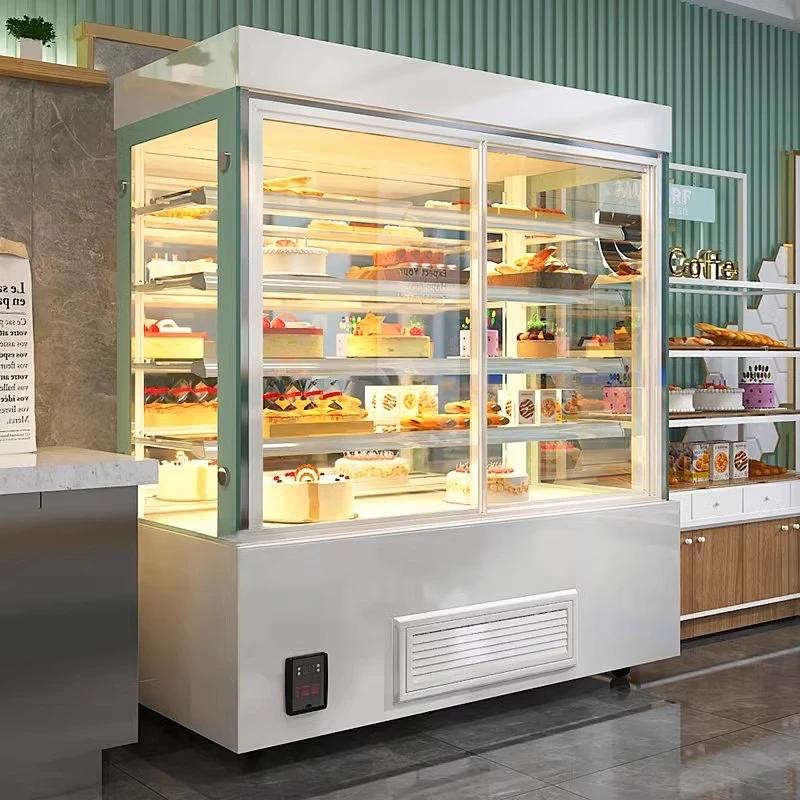 

Vertical cake cabinet dessert refrigerated right angle west point display front door fruit drink open type