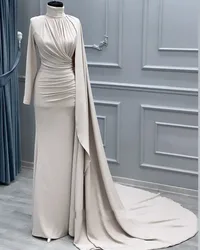 Customized Elegant High Neck Champagne Mermaid Prom Dresses Long Sleeve Satin Pleated Formal Dress Dubai Arabic Evening Gowns