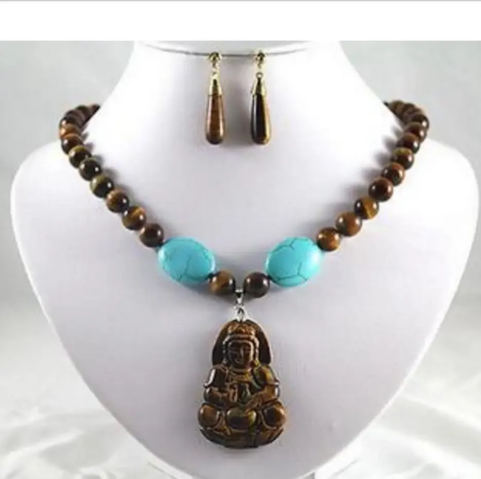 

Fashion Green Jade/Tiger Eye Stone Buddha/Guanyin Lucky Pendant Necklace
