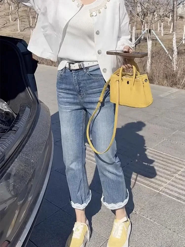 Damskie wyszczuplające dżinsy z wysokim stanem, elastyczne, szerokie nogawki, cienkie dżinsy jesienne, spodnie rozszerzane, luźny krój, proste nogawki typu tuba, kucyk
