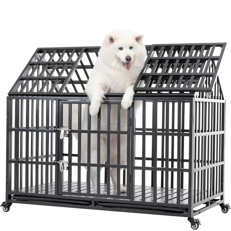 

Heavy Duty Dog Crate for Large Medium Dogs Metal Pet Cage Kennel Crate Roof Strong Playpen Sturdy Latches and Lockable Wheels