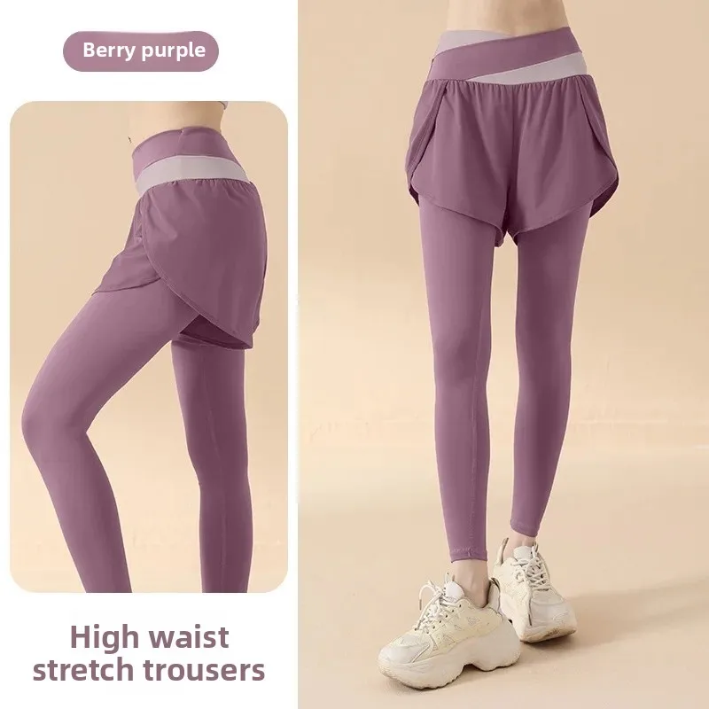 2025 New High Waist Yoga Pants Color Block Fitness Sports Shorts Pockets Abdomen Shaping Two-Piece Suit Exercise Trousers