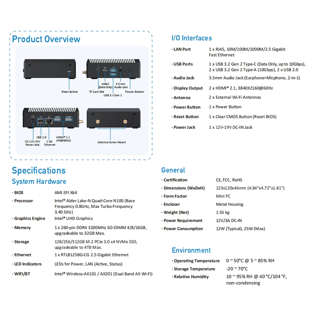 MINIX Z100-0dB Intel N100 Fanless Mini Pc DDR4 RAM 8G/16G SSD 256G/512G Wifi6 Windows 11 Pro Gaming Home Office Desktop Computer