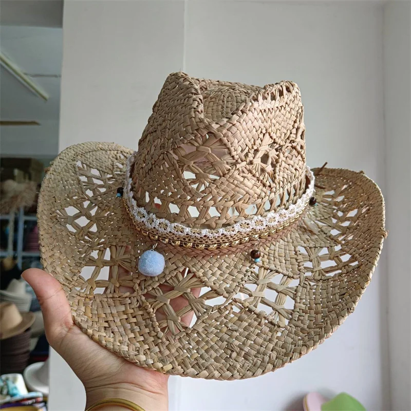 Cowboy hat fashion hollow out western cowboy hand woven hard summer sapphire accessories neutral Cowboy hat sun hat sombrero cow