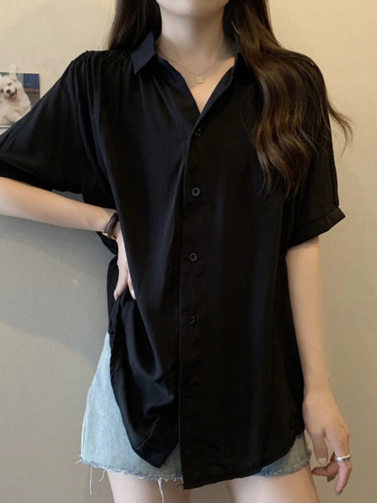 

Loose ort Sve plus Size Women's irt Summer Sle Korean Version Button Design Cover up Faionable for Heavy Sister