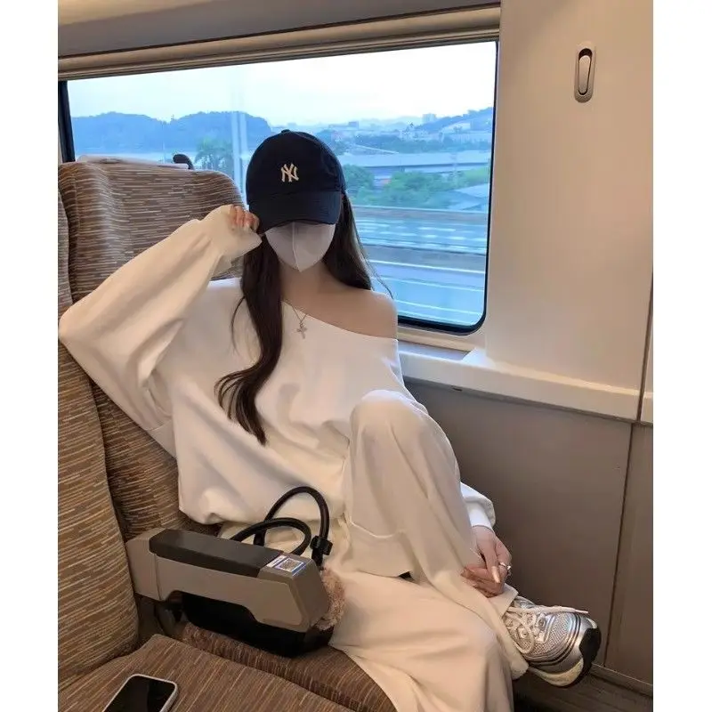 Felpa capl sopra la testa alla moda in puro cotone coreano Sle Lazy Chic White Diagonal oulder da donna all'inizio dell'autunno