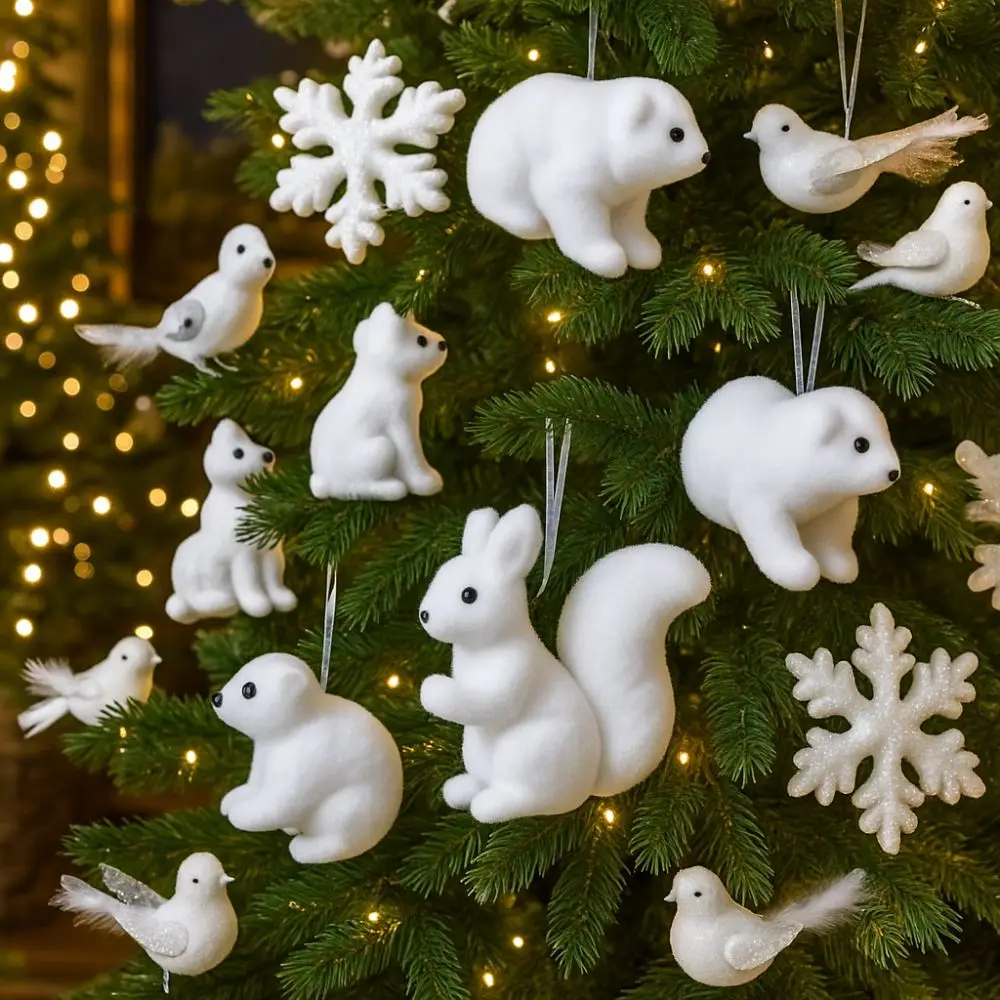 

White Christmas Tree Pendant Flocking Polar Bear Snowflake Hanging Pendant Bird Squirrel Plush Animal Xmas Tree Pendant